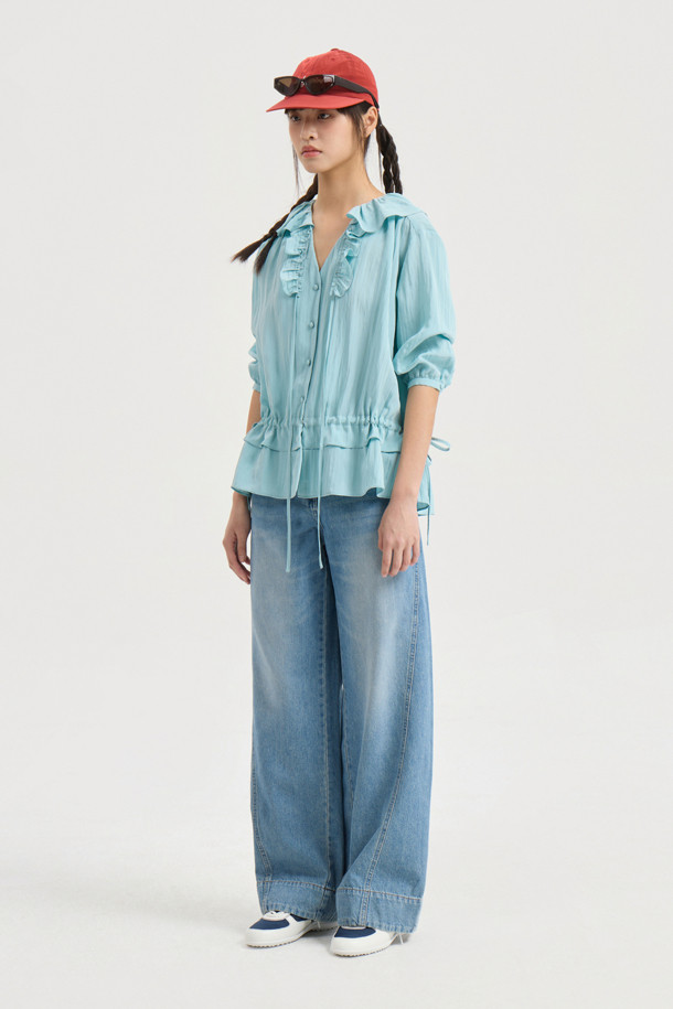 LUCKY CHOUETTE - 블라우스 - Full Open Frill Half Sleeve Blouse (blue)