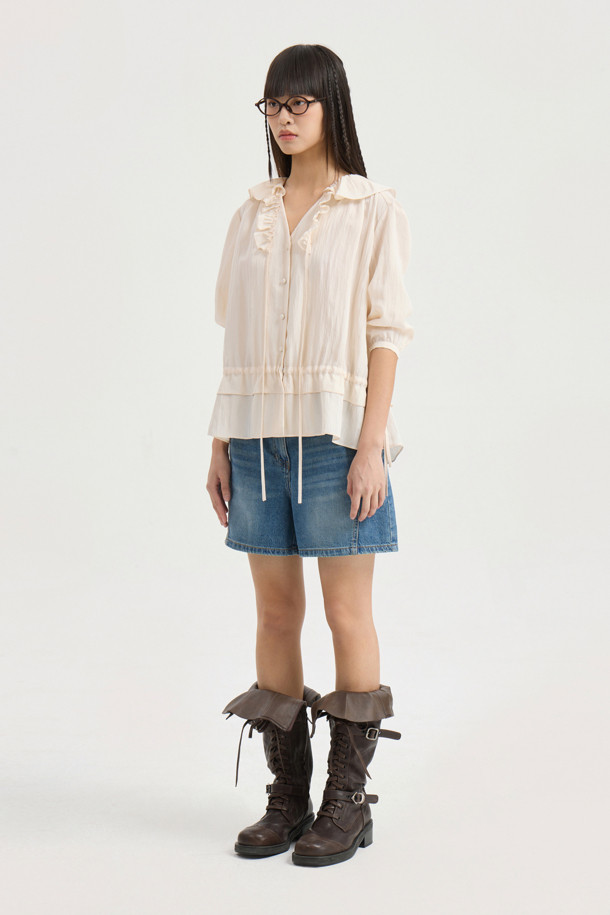 LUCKY CHOUETTE - 블라우스 - Full Open Frill Half Sleeve Blouse (ivory)
