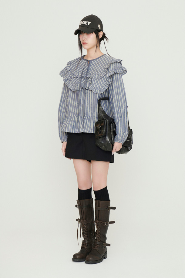 LUCKY CHOUETTE - 블라우스 - Frill Point Stripe Long Sleeve Blouse (blue)