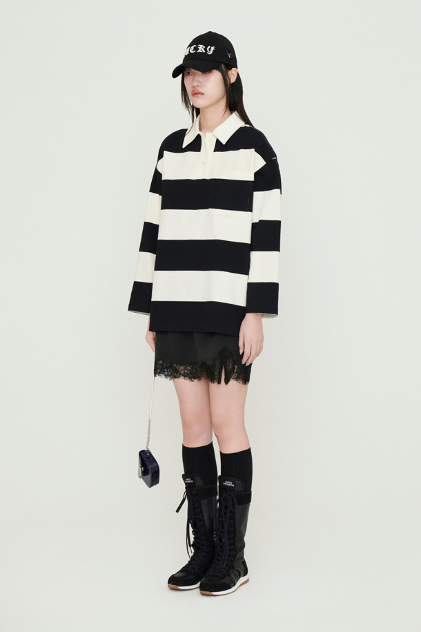 LUCKY CHOUETTE - 긴소매 티셔츠 - [Re-Order] Stripe Collar Long Sleeve T-shirt (black)