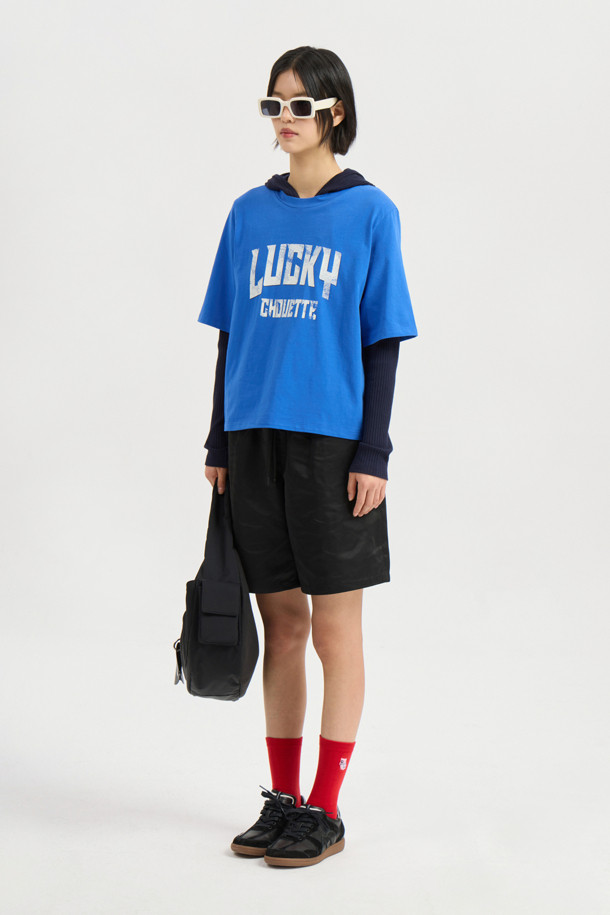 LUCKY CHOUETTE - 반소매 티셔츠 - Lucky Lettering Loose Fit Half Sleeve T-shirt (blue)