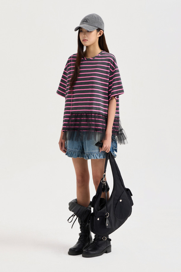 LUCKY CHOUETTE - 반소매 티셔츠 - Mesh Stripe Half Sleeve T-shirt (dark grey)
