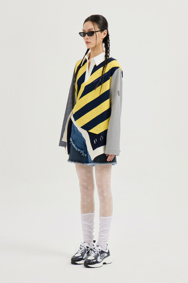 LUCKY CHOUETTE - 긴소매 티셔츠 - Stripe Mix Collar Long Sleeve T-shirt (yellow)