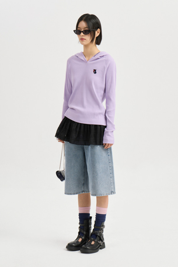 LUCKY CHOUETTE - 후디 - [Re-Order] Embroidered Point Rib Hooded T-shirt (violet)