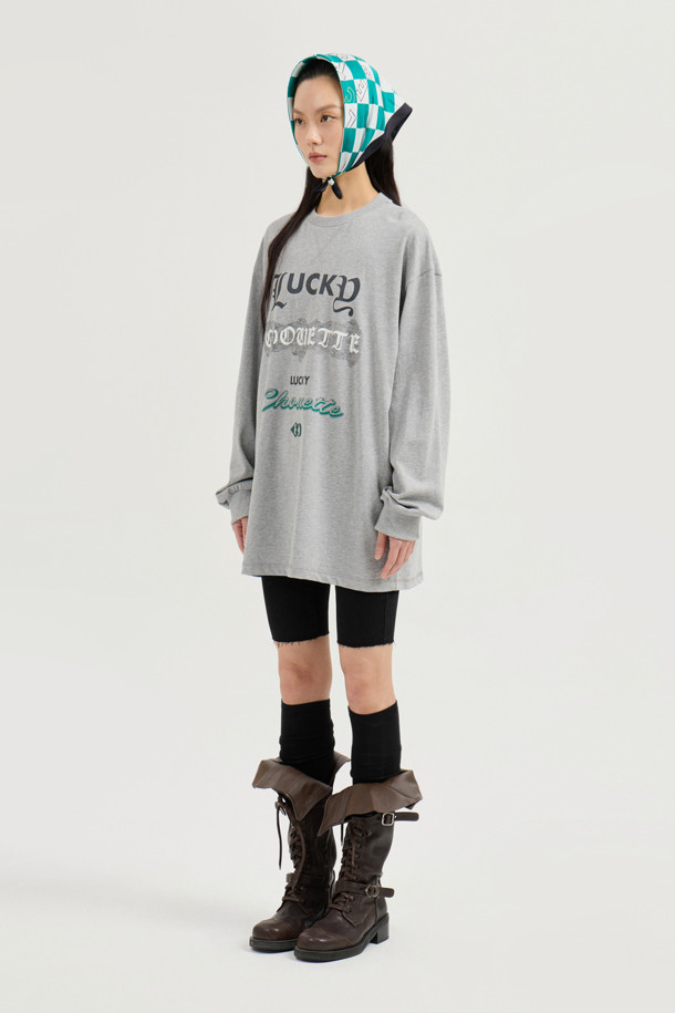 LUCKY CHOUETTE - 긴소매 티셔츠 - Print Point Long Length Long-Sleeved T-Shirt (melange grey)