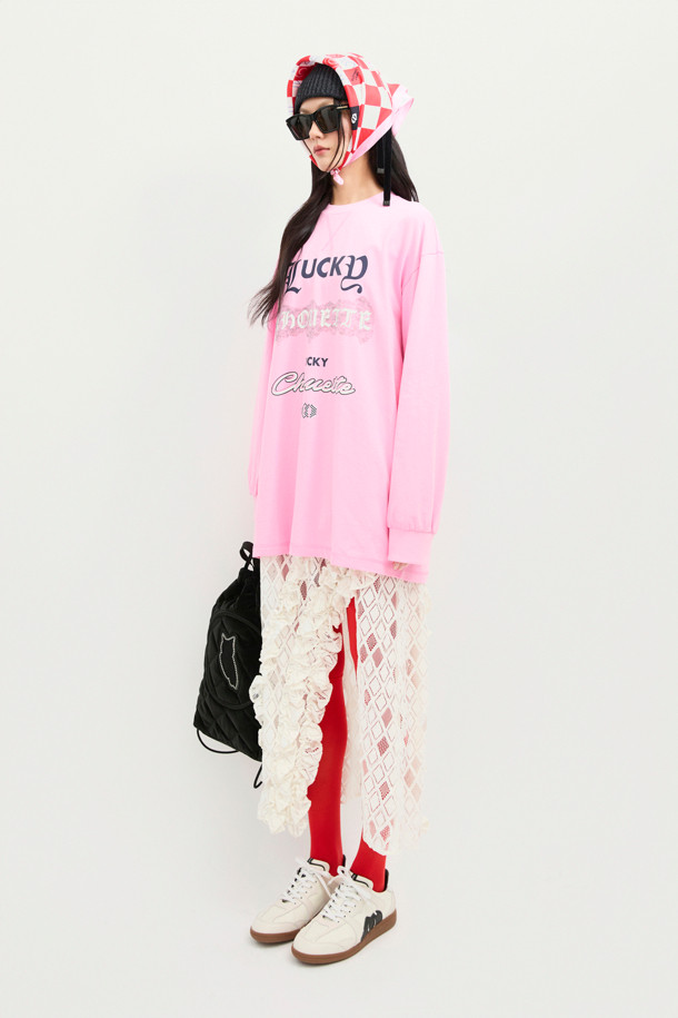 LUCKY CHOUETTE - 긴소매 티셔츠 - Print Point Long Length Long-Sleeved T-Shirt (pink)