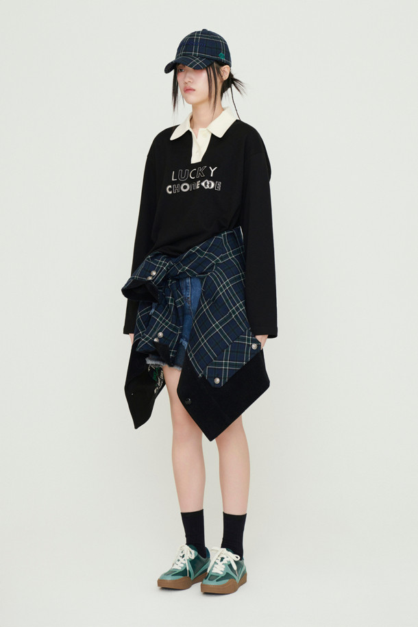 LUCKY CHOUETTE - 긴소매 티셔츠 - Embroidered Point Collar Long-sleeved T-shirt (black)