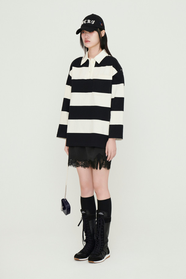 LUCKY CHOUETTE - 긴소매 티셔츠 - Stripe Collar Long Sleeve T-shirt (black)