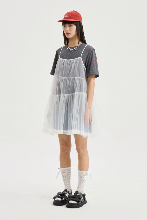 LUCKY CHOUETTE - 반소매 티셔츠 - Flower Print Basic Half Sleeve T-shirt (dark grey)