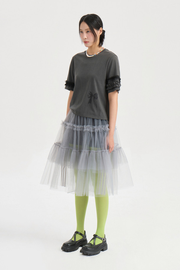 LUCKY CHOUETTE - 반소매 티셔츠 - Frill Half Sleeve T-shirt (dark grey)
