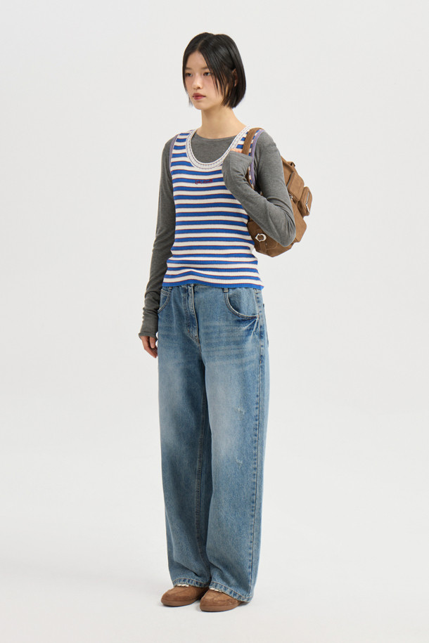 LUCKY CHOUETTE - 스웨터 - Stripe Knit Sleeveless Pullover (blue)