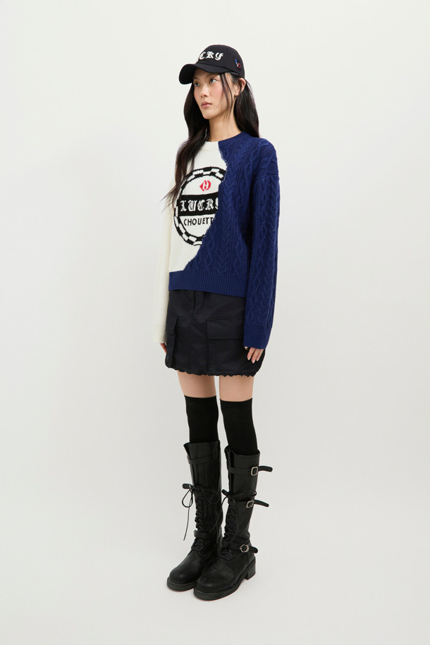 LUCKY CHOUETTE - 스웨터 - Half Color Cable Mix Knit Pullover (ivory)