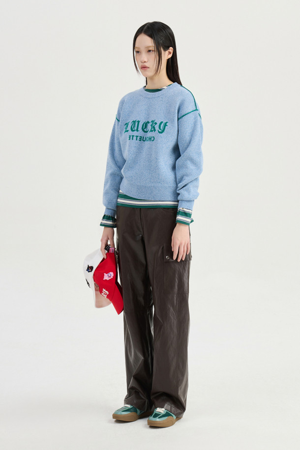 LUCKY CHOUETTE - 스웨터 - Reversible Lettering Round Neck Knit Pullover (blue)