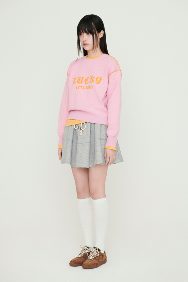 LUCKY CHOUETTE - 스웨터 - Reversible Lettering Round Neck Knit Pullover (pink)