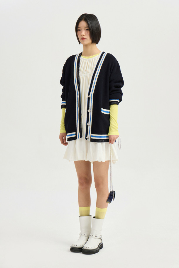 LUCKY CHOUETTE - 가디건 - Color Line Back Lettering Knit Cardigan (dark navy)