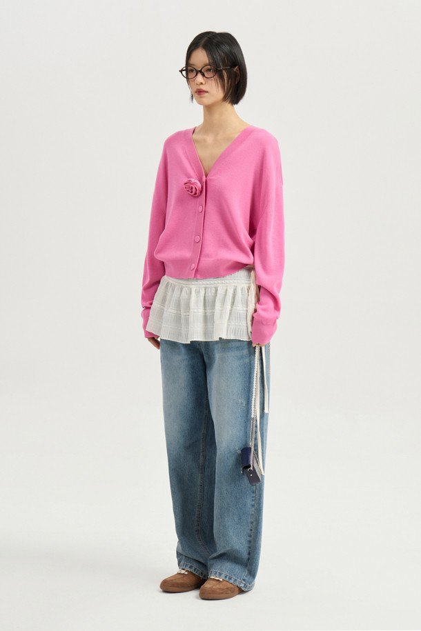 LUCKY CHOUETTE - 가디건 - Double Emblem Embroidery V Neck Knit Cardigan (pink)