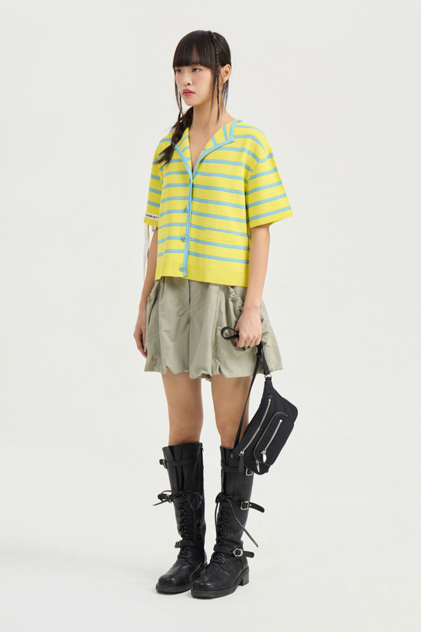 LUCKY CHOUETTE - 가디건 - Stripe Ribbon Half Sleeve Knit Cardigan (yellow)