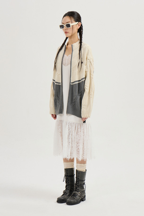 LUCKY CHOUETTE - 가디건 - Half Colored Cable Jumper-Type Knit Cardigan (ivory)