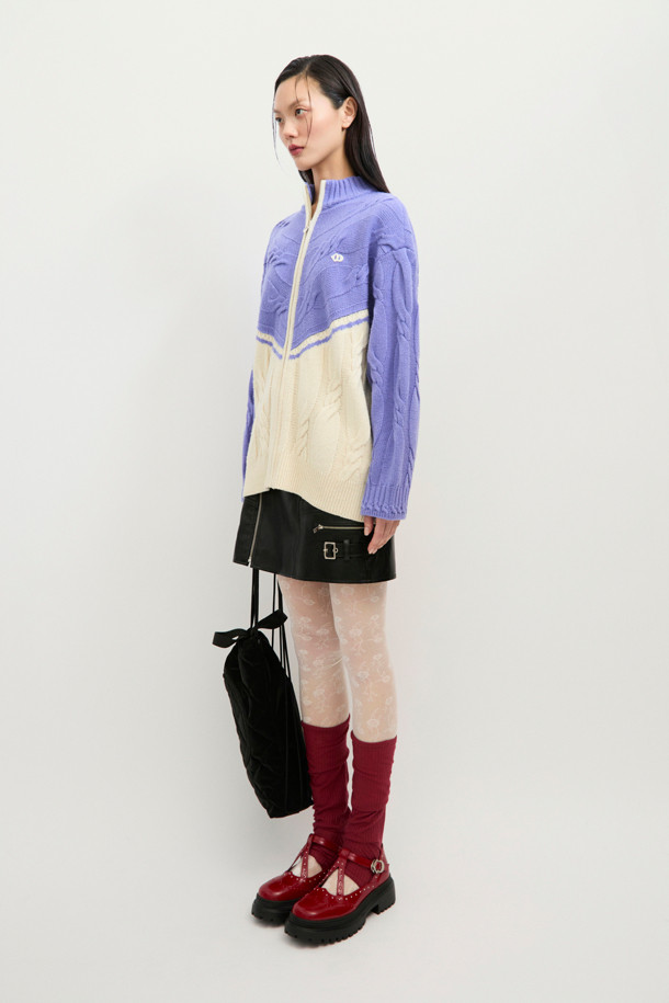 LUCKY CHOUETTE - 가디건 - Half Colored Cable Jumper-Type Knit Cardigan (violet)