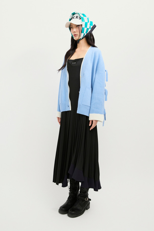 LUCKY CHOUETTE - 가디건 - Sleeve Ribbon Detail V-Neck Cardigan (blue)