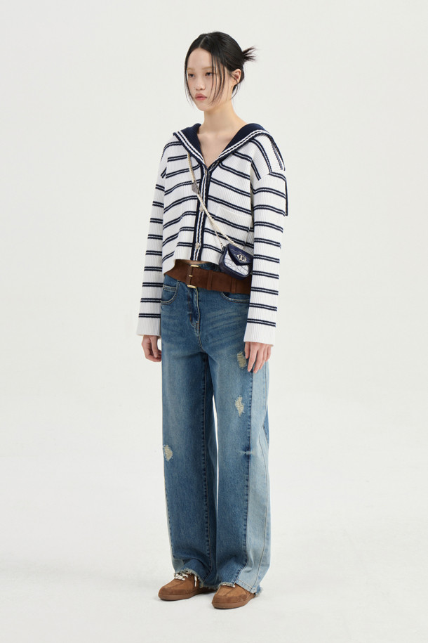 LUCKY CHOUETTE - 가디건 - Stripe Crop Knit Cardigan (ivory)