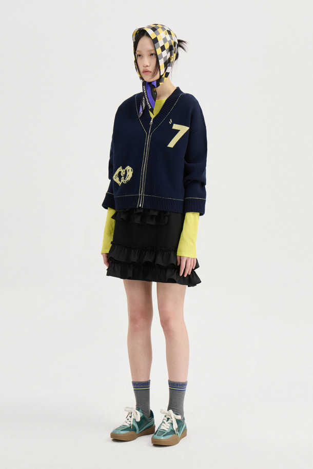 LUCKY CHOUETTE - 가디건 - V-neck Zip-up Knit Cardigan (dark navy)