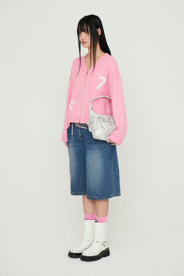 LUCKY CHOUETTE - 가디건 - V-neck Zip-up Knit Cardigan (pink)