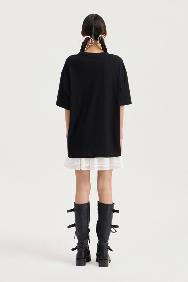 LUCKY CHOUETTE - 반소매 티셔츠 - Chouetties by LUCKY CHOUETTE_Ribbon Point Loose Fit Half Sleeve T-shirt (black)