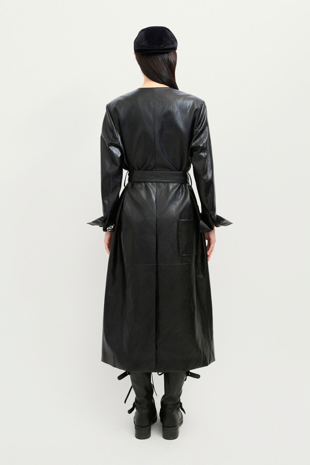 LUCKY CHOUETTE - 코트 - Fake Leather Long Fabric Belt Coat (black)