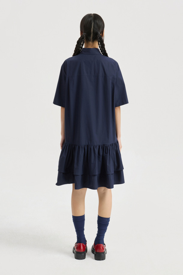 LUCKY CHOUETTE - 반소매 원피스 - Hem Frill Half Sleeve Cotton Shirt Dress (dark navy)