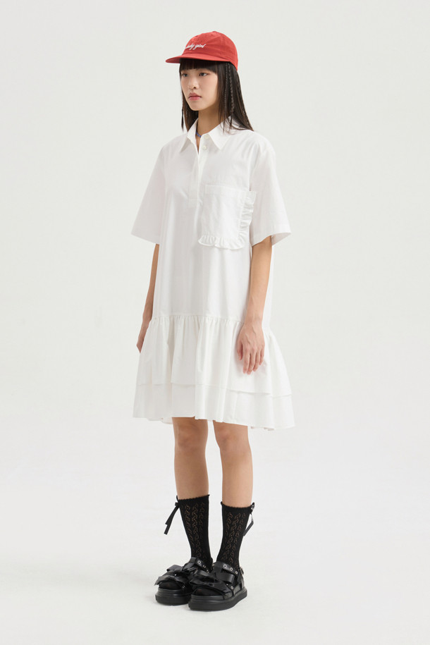 LUCKY CHOUETTE - 반소매 원피스 - Hem Frill Half Sleeve Cotton Shirt Dress (white)