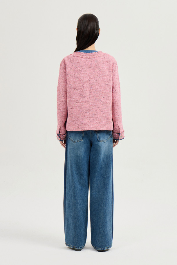 LUCKY CHOUETTE - 자켓 - Denim Patch Eyelet Pocket Tweed Jacket (pink)