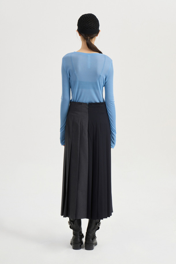 LUCKY CHOUETTE - 롱스커트 - [Atelier] Check Solid Mix Long Pleats Skirt (grey)