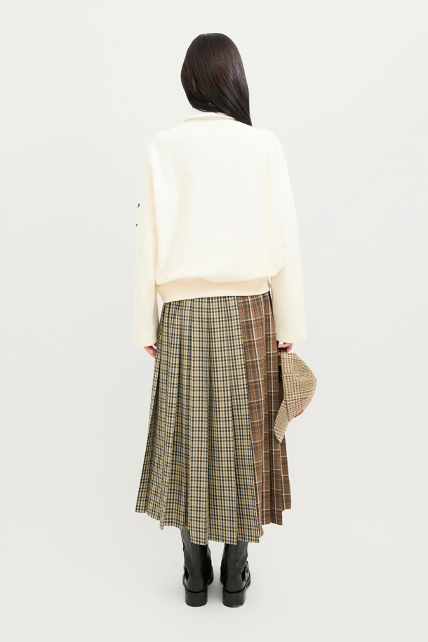 LUCKY CHOUETTE - 롱스커트 - Checkered MIX Pleated Long Skirt (beige)