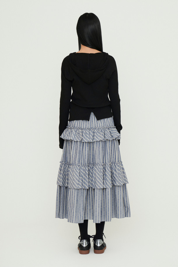 LUCKY CHOUETTE - 롱스커트 - Shirring Stripe Back Banding Long Skirt (blue)