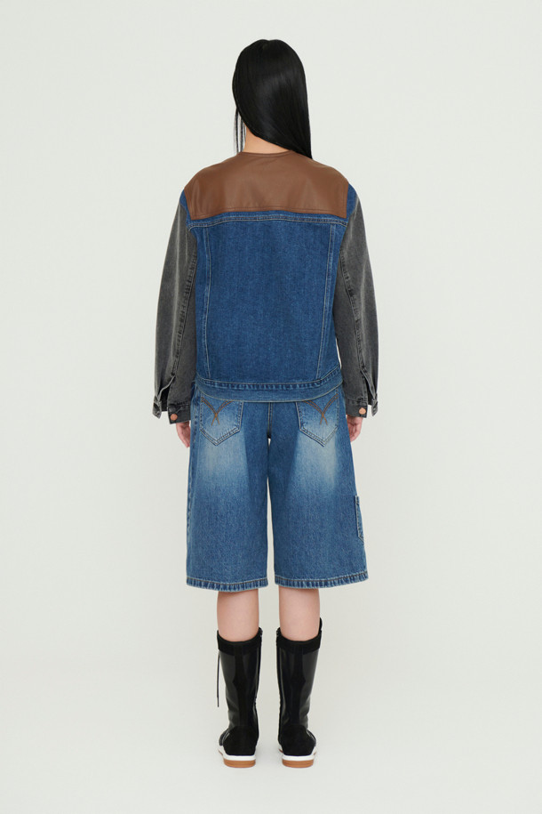 LUCKY CHOUETTE - 자켓 - [Re-Order] Fake Leather Color Block Denim Jacket (blue)