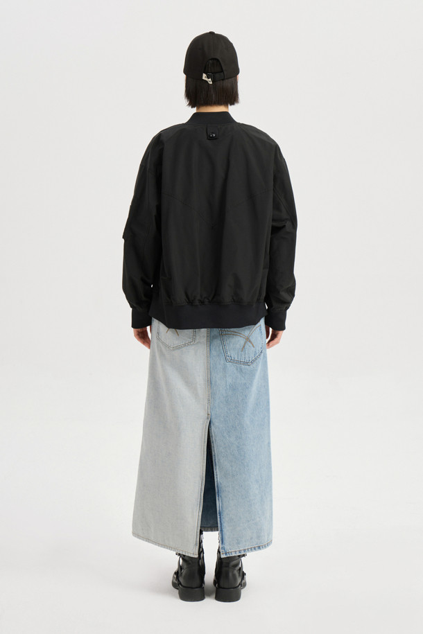 LUCKY CHOUETTE - 롱스커트 - Back Banding Color Block Long Denim Skirt (blue)