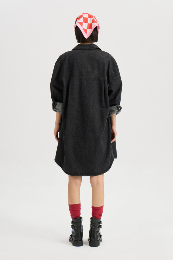 LUCKY CHOUETTE - 데님 원피스 - Unbalance Pocket Denim Shirt Dress (black)