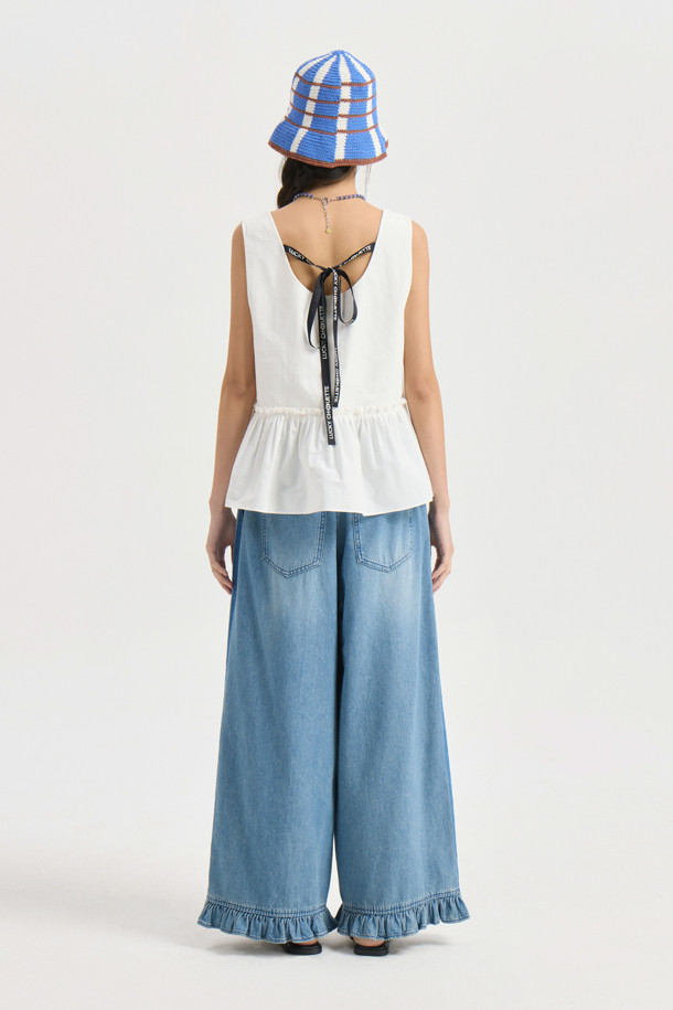 LUCKY CHOUETTE - 롱/미디팬츠 - [Re-Order] Hem Frill Back Banding Wide Denim Pants (blue)