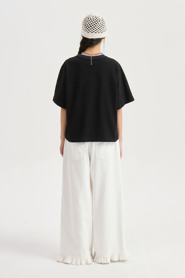 LUCKY CHOUETTE - 롱/미디팬츠 - Hem Frill Back Banding Wide Denim Pants (white)