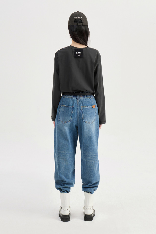 LUCKY CHOUETTE - 롱/미디팬츠 - Waist Banding Denim Pants (blue)