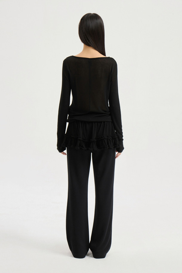 LUCKY CHOUETTE - 롱/미디팬츠 - Frill Overlap Jersey Banding Pants (black)