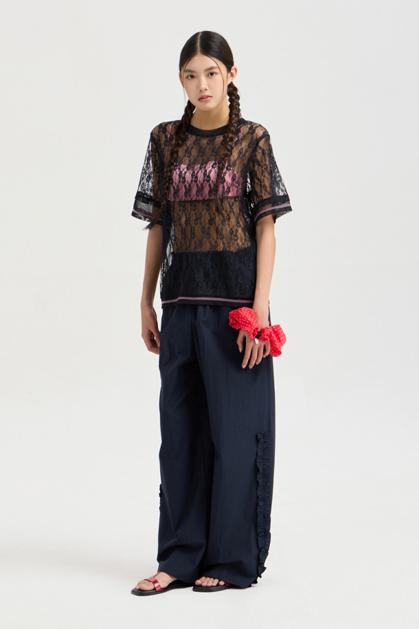 LUCKY CHOUETTE - 롱/미디팬츠 - Frill Point Banding Pants (dark navy)