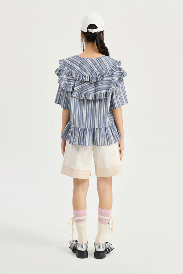 LUCKY CHOUETTE - 블라우스 - [Re-Order] Frill Point Stripe Half Sleeve Blouse (dark blue)