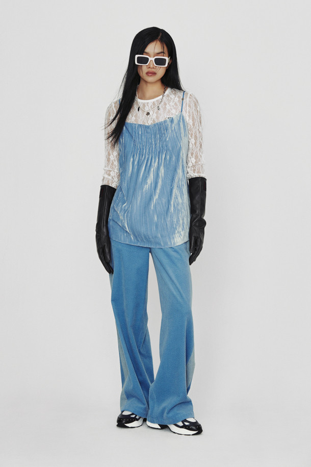 LUCKY CHOUETTE - 블라우스 - [Holiday Edition] Tuck Point Velvet Blouse (blue)