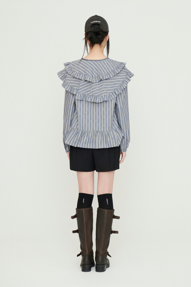 LUCKY CHOUETTE - 블라우스 - Frill Point Stripe Long Sleeve Blouse (blue)