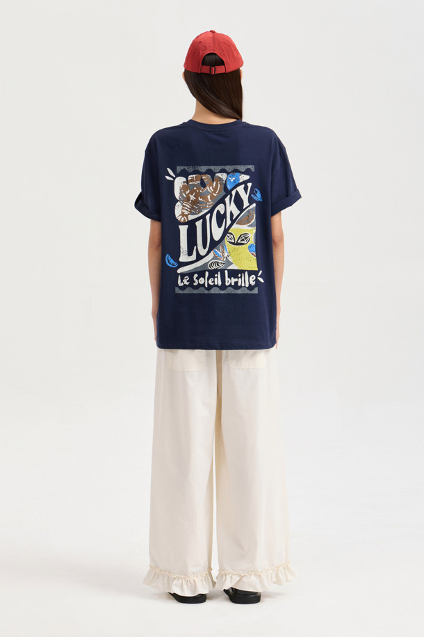 LUCKY CHOUETTE - 반소매 티셔츠 - Back Print Loose Fit Half Sleeve T-shirt (navy)