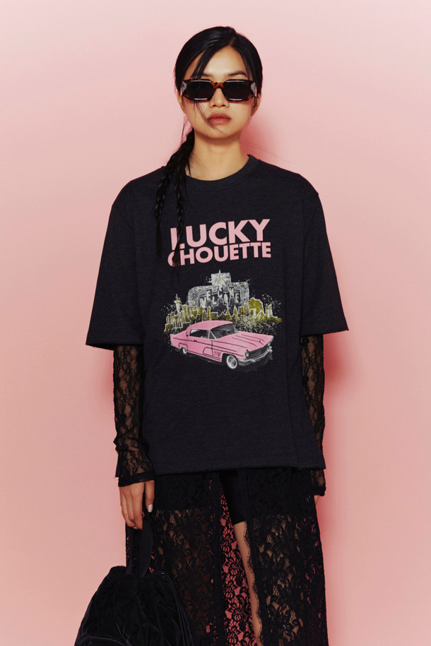 LUCKY CHOUETTE -  - [Re-Order] [Holiday Edition] Print Point Loose Fit Short Sleeve T-shirts (dark grey)