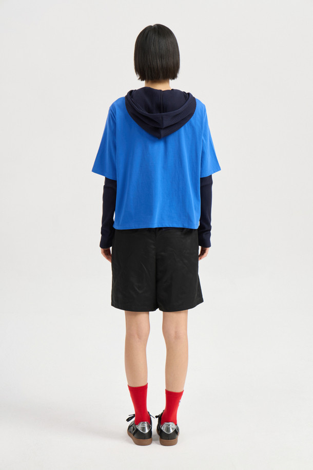 LUCKY CHOUETTE - 후디 - [Re-Order] Embroidered Point Rib Hooded T-shirt (navy)