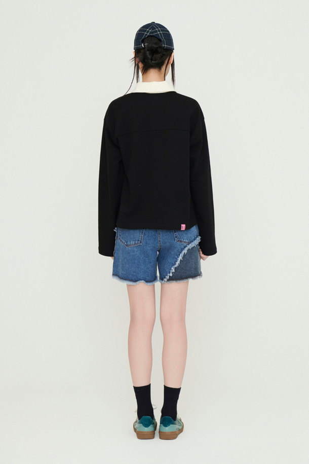 LUCKY CHOUETTE - 긴소매 티셔츠 - Embroidered Point Collar Long-sleeved T-shirt (black)